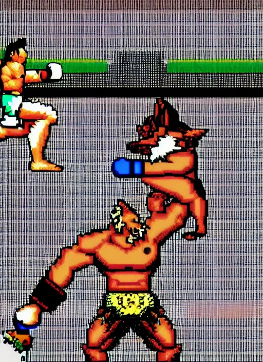 Image similar to extreme long shot. 8 bit nes graphics. antropomorphic muscular masculine wolf. kickboxer fighter, in shorts. wolf head. furr on body. like game contra.