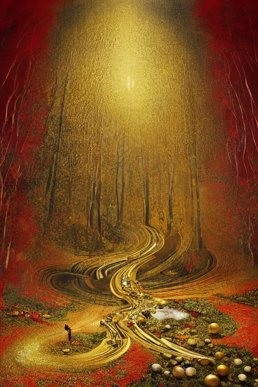 Image similar to immaculate painting of A Beautiful fine detailed gold and red and black Forest Illusion by erik johansson micro detailing