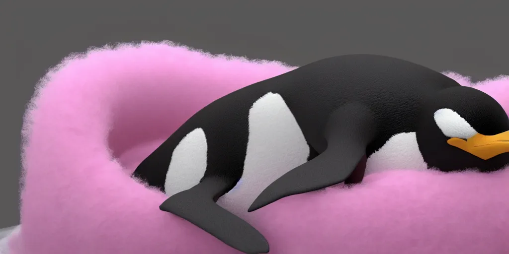 Prompt: realistic penguin in an pink fluffy bed, unreal 5