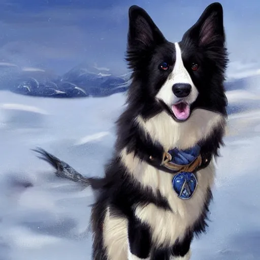 Prompt: beautiful portrait of a cute male anthropomorphic border collie fursona wearing a blue cowboy outfit in a tundra. character design by charlie bowater, henry asencio, and ross tran. scenic background, detailed, glamor pose, aesthetic, trending on artstation, top rated on furaffinity and deviantart