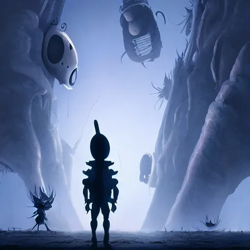 Image similar to extremely detailed cinematic movie still hollow knight by denis villeneuve, wayne barlowe, simon birch, marc simonetti, philippe druillet, beeple, greg rutkowski, artgem