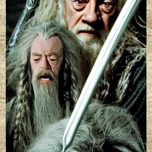Prompt: Feel the Pain Harold as Gandalf freeing Theoden, a scene from 2001 film Lord of the Rings, stylized into a poster