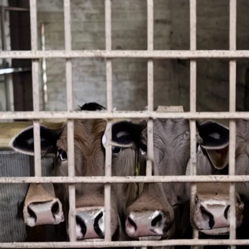 Prompt: inmates weating cow heads inside a jailcell