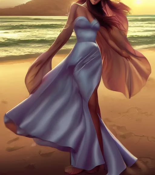 Image similar to beautiful princess in a satin dress on the beach drawn by artgerm