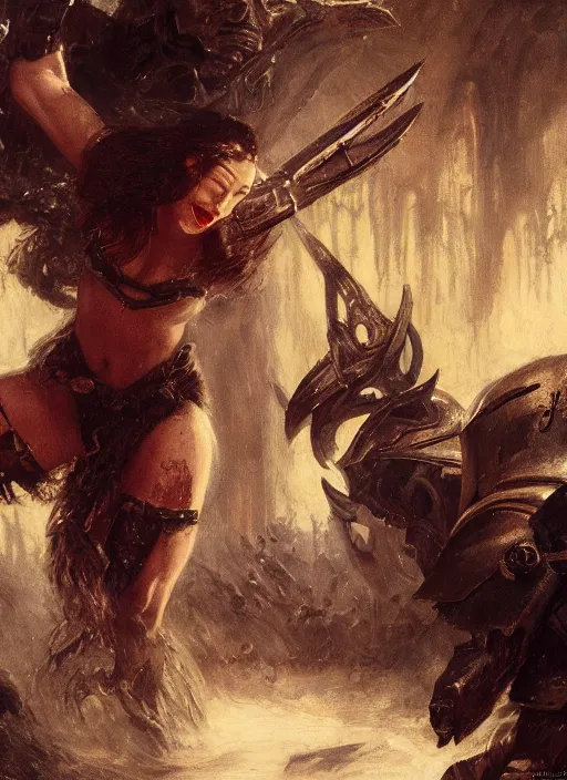 Prompt: muscular kat dennings wearing black armour by gaston bussiere, bayard wu, greg rutkowski, giger, maxim verehin, greg rutkowski, masterpiece, sharp focus, cinematic lightning