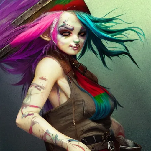 Prompt: a grungy elf woman with rainbow hair, drunk, angry, soft eyes and narrow chin, dainty figure, long hair straight down, torn overalls, basic white background, side boob, symmetrical, single person, style of by Jordan Grimmer and greg rutkowski, crisp lines and color,
