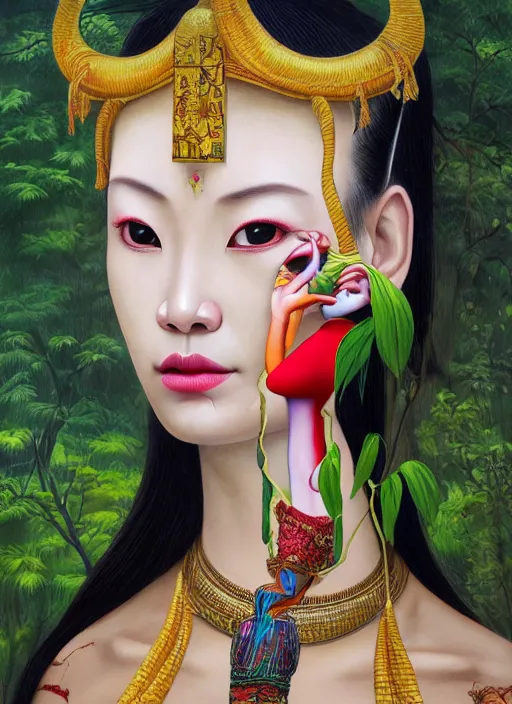 Image similar to beautiful portrait painting of a Kayan godess with long neck in the middle of the forest, by Afarin Sajedi, Alessandro Barbucci, Alex Gross, Shin Jeongho, Shohei Otomo. trending on Artstation, 8k, masterpiece, face enhance, graffiti paint, fine detail, full of color, intricate detail, golden ratio illustration