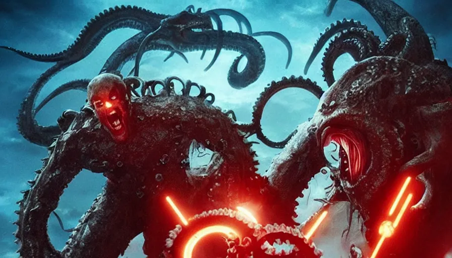 Image similar to Big budget movie about a cyborg demon fighting the kraken