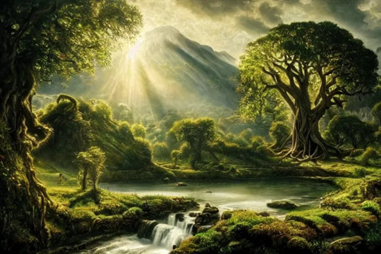 Image similar to masterpiece painting of lord of the rings tree of life on a hillside overlooking a creek, dramatic lighting, hyperrealism concept art of highly detailed by andreas franke