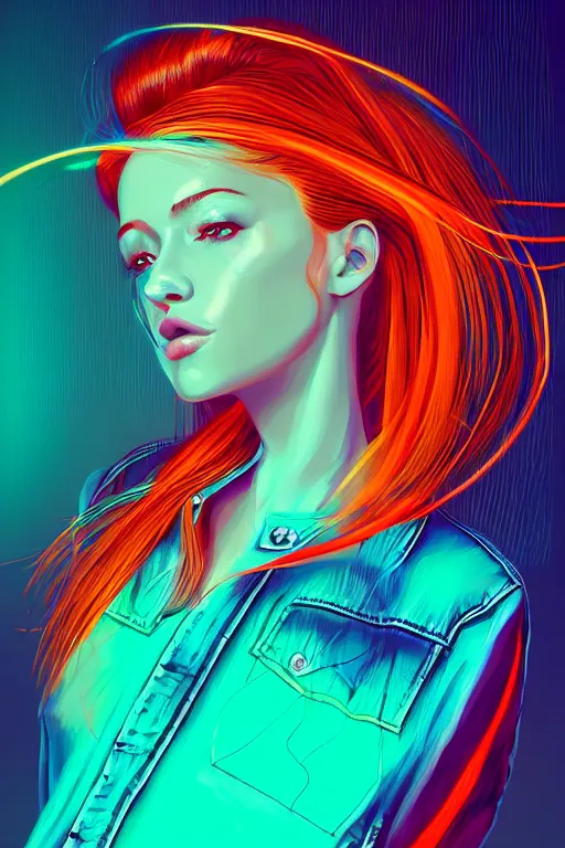 Prompt: a award winning half body portrait of a beautiful woman with stunning eyes in a croptop denim jacket and cargo pants with ombre red orange teal hairstyle head in motion and hair flying while dancing by thomas danthony, surrounded by whirling illuminated lines, outrun, vaporware, shaded flat illustration, digital art, trending on artstation, highly detailed, fine detail, intricate