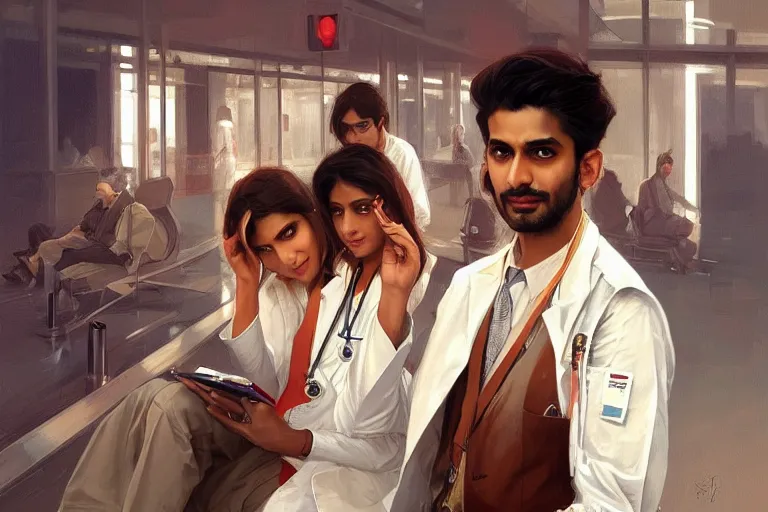 Image similar to Anxious good looking pale young Indian doctors wearing American clothes at the airport, portrait, elegant, intricate, digital painting, artstation, concept art, smooth, sharp focus, illustration, art by artgerm and greg rutkowski and alphonse mucha