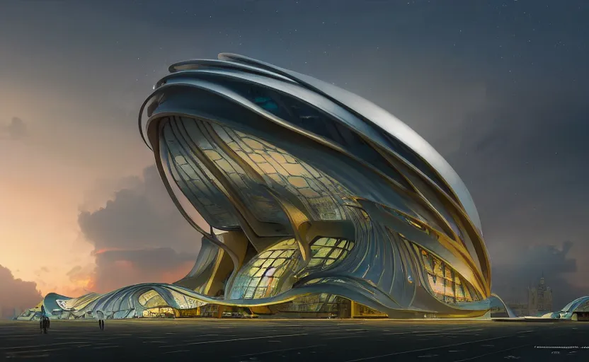 Image similar to exterior shot of utopian architecture building with cinematic lighting by zaha hadid and renzo piano, darek zabrocki and greg ruthkowski, alphonse mucha, simon stalenhag, cinematic, stars, beautiful, holy place, paradise, scifi, futurism, atmospheric, sunset, concept art, artstation, trending on artstation