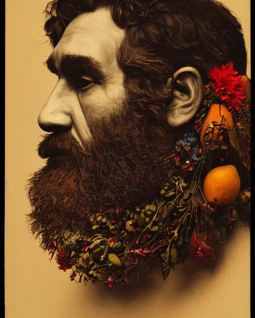 Image similar to a man's face in profile, long beard, made of fruit and flowers, in the style of the Dutch masters and Chuck Close, dark and moody