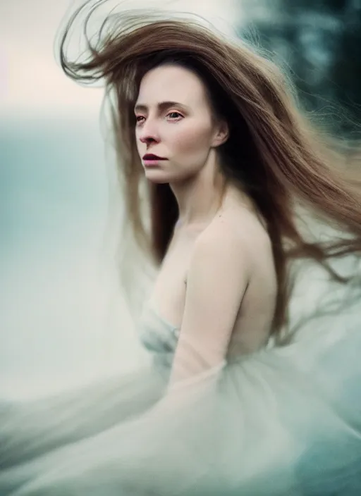 Image similar to cinestill 5 0 d portrait photo of a beautiful woman, nordic type, delicate, subsurface scattering, long hair floating in air in style of annie liebovitz, 1 5 0 mm, windy mood, dress in voile, mute dramatic colours, soft blur outdoor stormy background, volumetric lighting, hyper detailed, hyper realistic