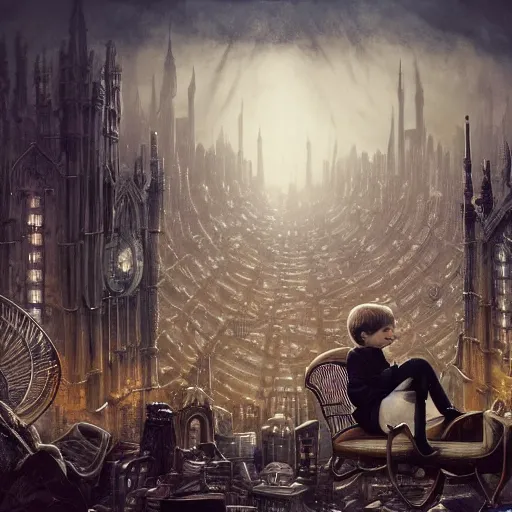 Image similar to a photo of young sad victorian gothic child with big eyes and wide grin sitting on a sofa of bones surrounded by a cyber futuristic cityscape made of human body parts by dan mumford, ultra detailed, 8 k resolution, beautiful lighting, expansive detailed layered city, landscape, 5 0 mm, perfect faces