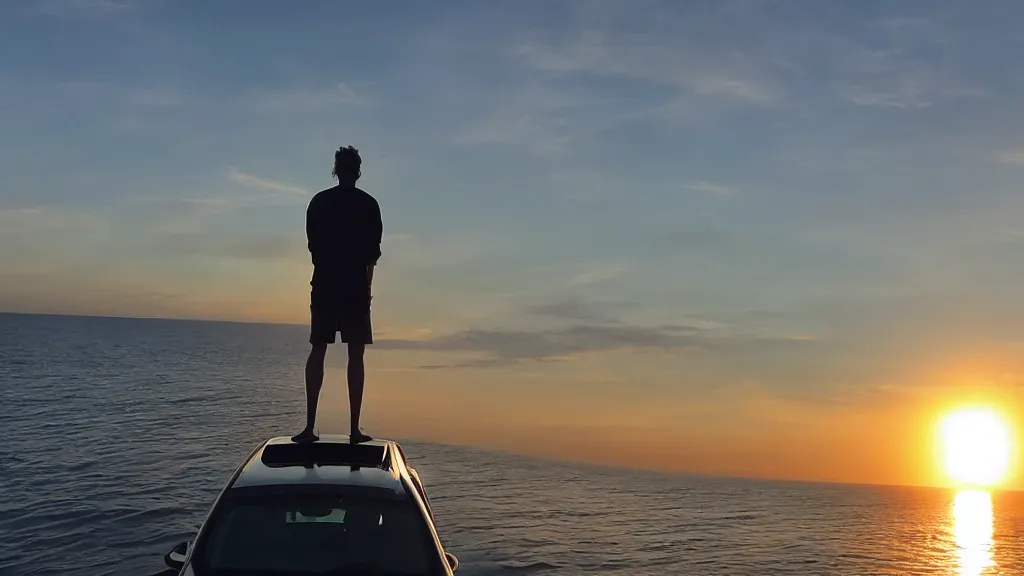 Image similar to a movie still of a man standing on the roof of a car driving through the ocean at sunset, golden hour