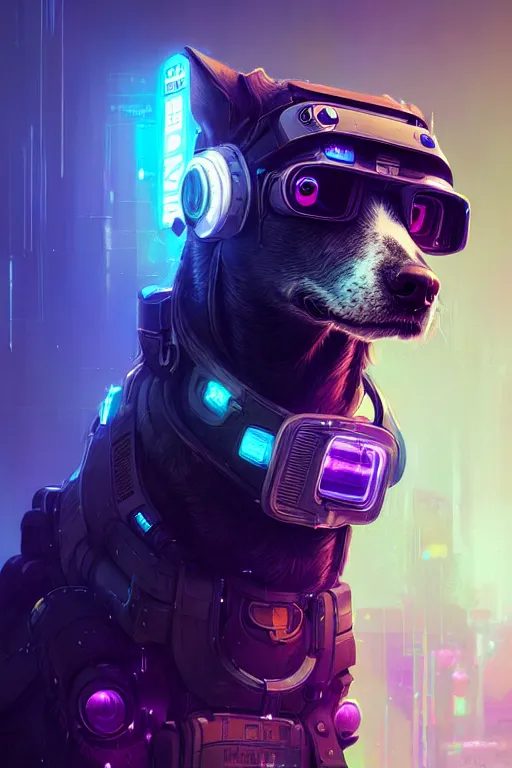 Image similar to a beautiful portrait of a cute cyberpunk dog by greg rutkowski and wlop, purple blue color scheme, high key lighting, volumetric light, digital art, highly detailed, fine detail, intricate, ornate, complex, octane render, unreal engine, photorealistic