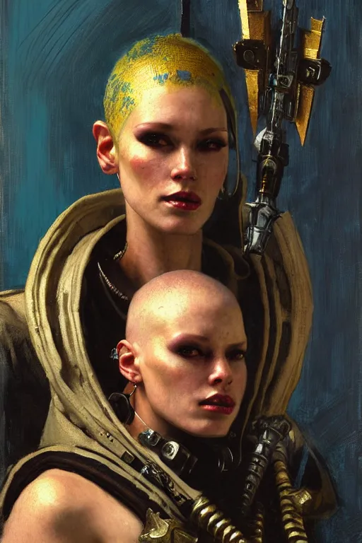 Image similar to full character portrait max mad cyberpunk warhammer 4 0 k, barbarian tech priest supersoldier not the girl with the pearl earring character design, painting by gaston bussiere, katsuya terada, nc wyeth, greg rutkowski, craig mullins, vermeer, frank frazetta, mucha, tom of finland, trending on artstation, jeffery catherine jones