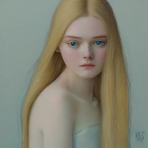 Image similar to Painting of Elle Fanning dreaming, long blonde hair, delicate, pale milky white porcelain skin, by Jean Giraud Moebius. 8K. Extremely detailed.