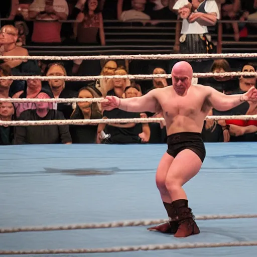 Image similar to pro wrestler Jeremy The Egg Shelson perform his signature top rope move in the ring, big arena thousands of fans in background, short depth of focus painted by Carravagio