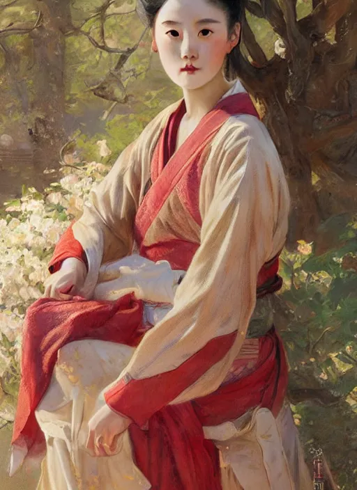 Image similar to detailed portrait of ju jingyi wearing hanfu, natural light, painting by gaston bussiere, craig mullins, j. c. leyendecker