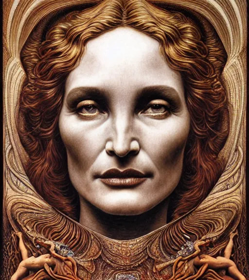 Image similar to detailed realistic beautiful young jessica lange as queen of mars face portrait by jean delville, gustave dore and marco mazzoni, art nouveau, symbolist, visionary, gothic, pre - raphaelite. horizontal symmetry by zdzisław beksinski, iris van herpen, raymond swanland and alphonse mucha. highly detailed, hyper - real, beautiful