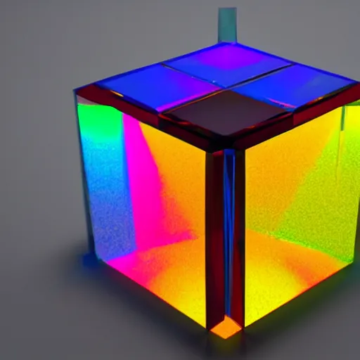 Image similar to 3 d render of an ultrarealistic photograph of a very clear and crystal cube with a high - powered laser shooting light into the cube and dispersing full spectrum rainbow light beautifully into onto the surrounding surfaces, light dispersion, light effects, 3 d render, octane render, luxcore render, visual caustics, light dispersion, 8 k