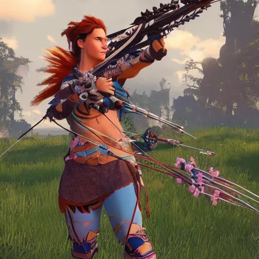 Prompt: woman archer in the style of horizon zero dawn