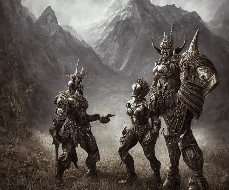 Image similar to trailcam footage grotesque horrific stylistic vray 3 d render of silver ornate armor slim bodybuilder handsome warriors, mountains and giant gothic abbeys, hyperrealism, fine detail, 8 k, artsation contest winner, cgsociety, fantasy art, cryengine, brush strokes, oil canvas by mandy jurgens and michael whelan