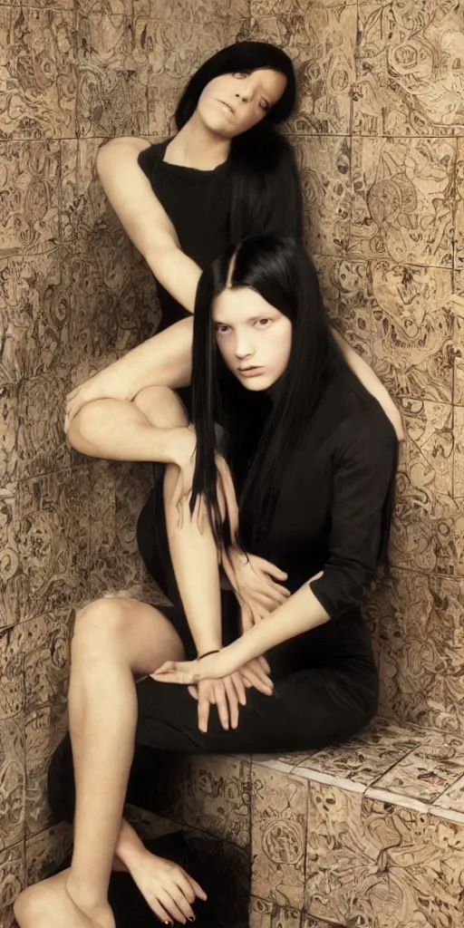 Image similar to photo of lonely young girl with straight long black hair wearing black dress and sitting on bathroom floor, photo made by mario testino and vanessa beecroft, render by artgem and alphonse mucha for capcom co, resident evil