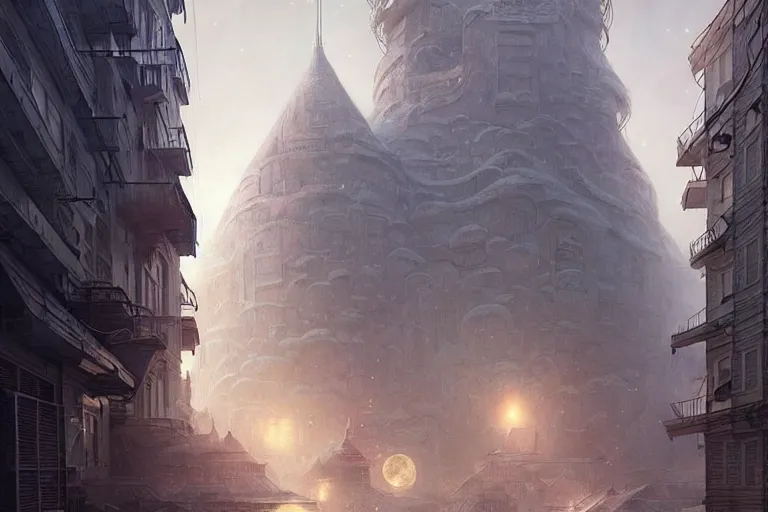 Image similar to It’s dreamy on the streets of Russian panel houses quarters on the Moon city, Norilsk, sci-fi, fantasy, intricate, very very beautiful, elegant, highly detailed composition, digital painting, artstation, concept art, smooth, sharp focus, illustration, art by artgerm and greg rutkowski and alphonse mucha