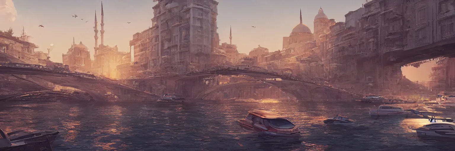 Image similar to a cinematic scene from istanbul bridge, concept art by nick ford and sylvain sarrailh,