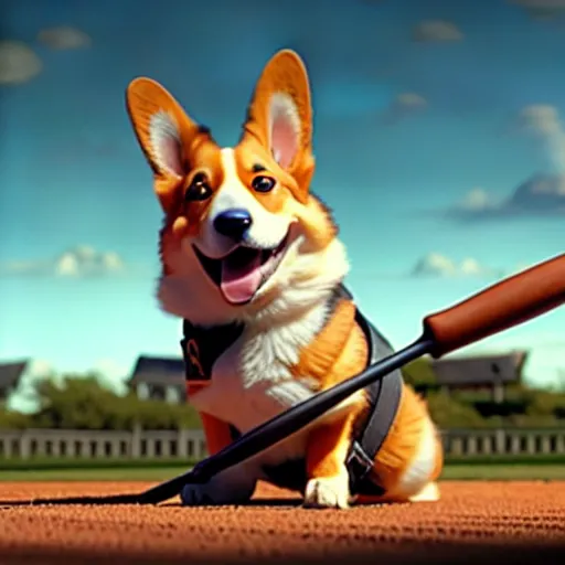 Image similar to weta disney pixar movie still photo of funny corgi with baseball bat : : dog by pixar : : by weta, greg rutkowski, wlop, ilya kuvshinov, rossdraws, artgerm, octane render, iridescent, bright morning, anime, liosh, mucha : :