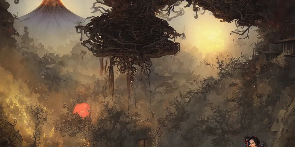 Image similar to a child on the ancient japanese alleyway overlooking at the grand epic destructive nuclear explosion at mount fiji during daylight in the style vincent di fate, peter mohrbacher, yoann lossel, horror element, nightmare, beautiful, nuclear mushroom smoke