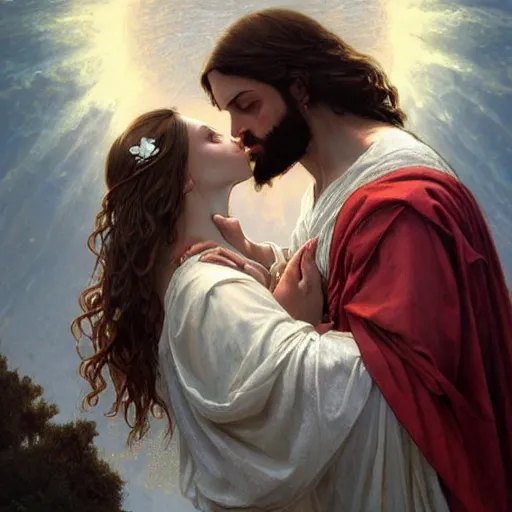 Image similar to jesus kissing a maria maddalena, intricate, elegant, highly detailed, digital painting, artstation, concept art, matte, sharp focus, illustration, art by artgerm and greg rutkowski and alphonse mucha