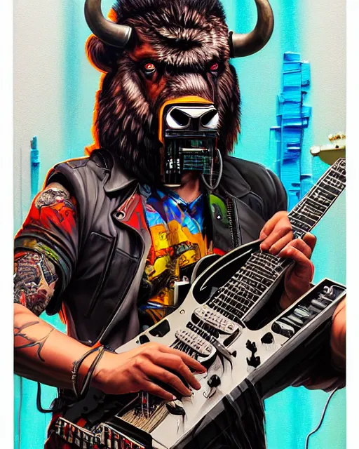 Image similar to a portrait of an anthropomorphic cyberpunk bison shredding an electric guitar by sandra chevrier, by jon foster, detailed render, tape deck, epic composition, cybernetics, 4 k realistic, cryengine, realistic shaded lighting, sharp focus, masterpiece, by enki bilal