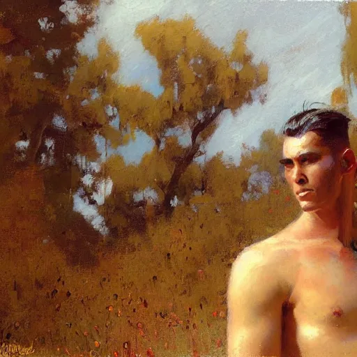 Image similar to a man with a mohawk haircut, painting by Gaston Bussiere, Craig Mullins