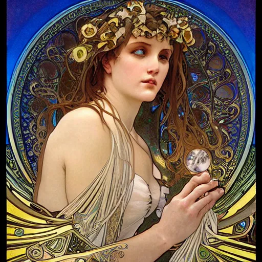 Prompt: realistic detailed face portrait of a beautiful Celestial Goddess of Night by Alphonse Mucha, Greg Hildebrandt, and Mark Brooks, gilded details, spirals, Neo-Gothic, gothic, Art Nouveau, ornate medieval religious icon