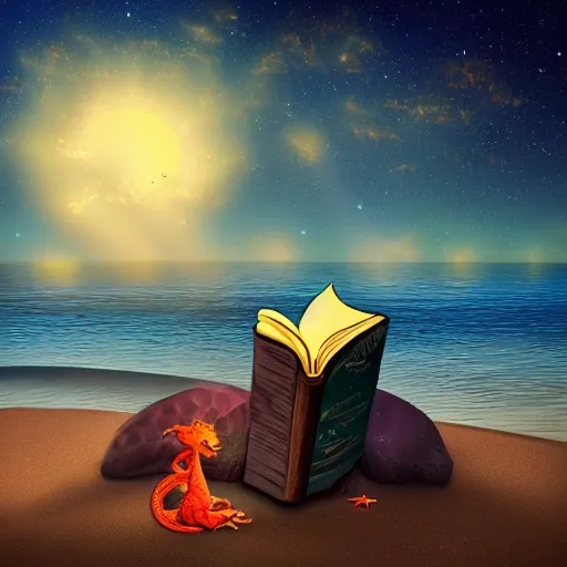 Prompt: Dragon on a beach reading a book under the stars