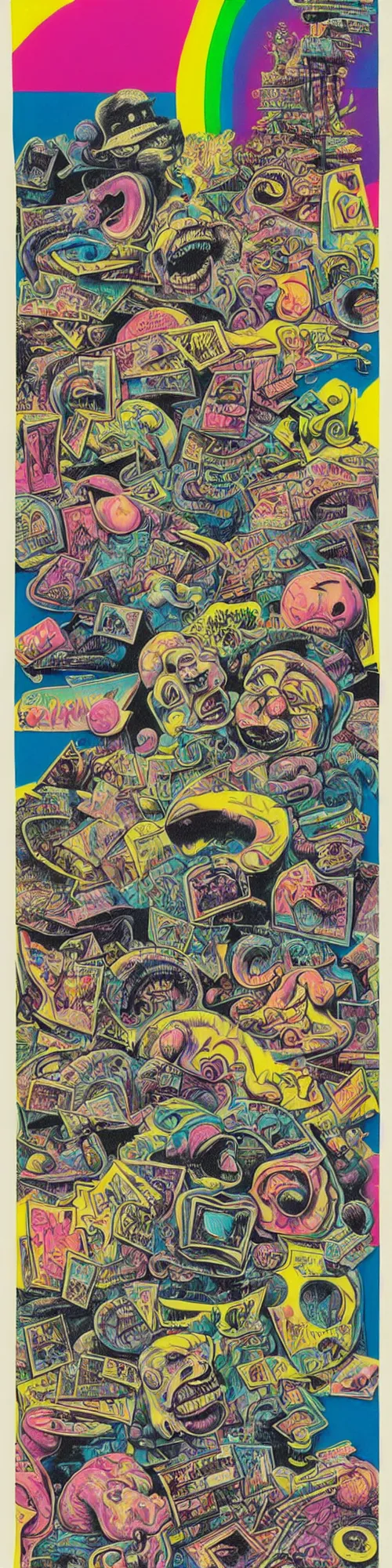 Prompt: stack of 1 9 9 0 s rap all stars, melting, graffiti monster, wild style, bubble letters, magazine collage, cubism, muted but vibrant colors, muted rainbow tubing, dali, r crumb, hr giger, basil wolverton, afro tech