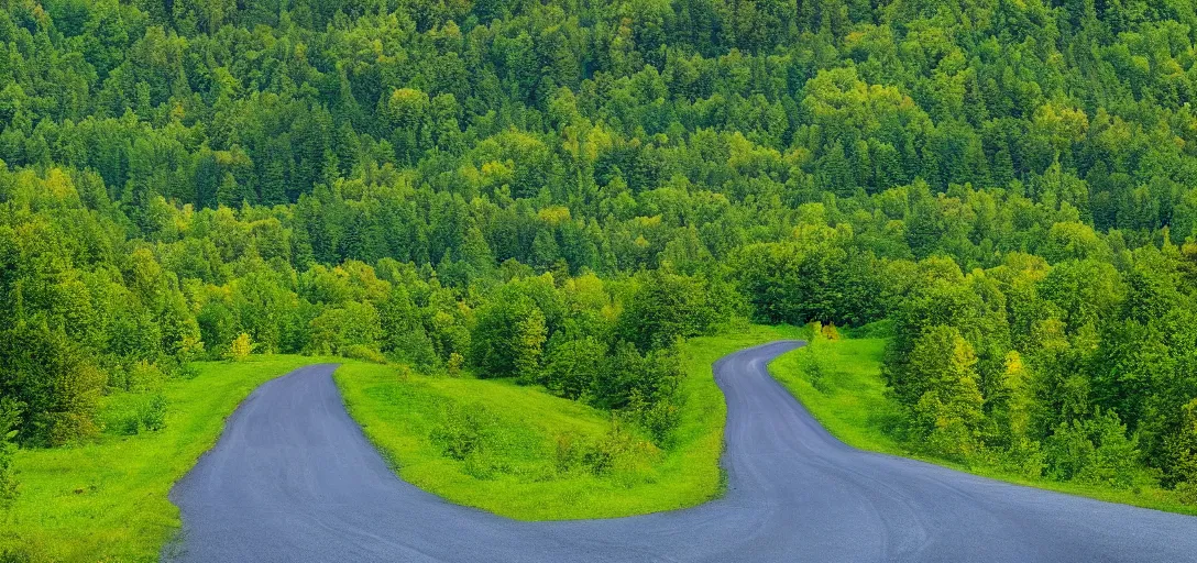 Prompt: The landscape of a green hilly forest somewhere in Germany, a country road is visible, through which a deer runs, ultra detailed