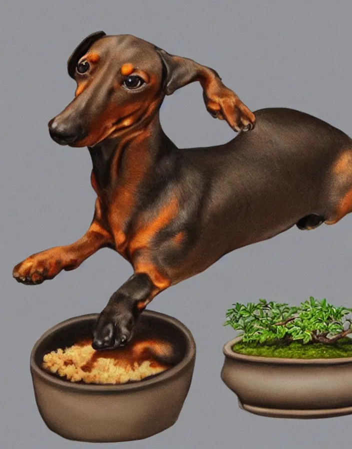 Image similar to dachshund bonsai in a bonsai pot, hyperrealism, high detail