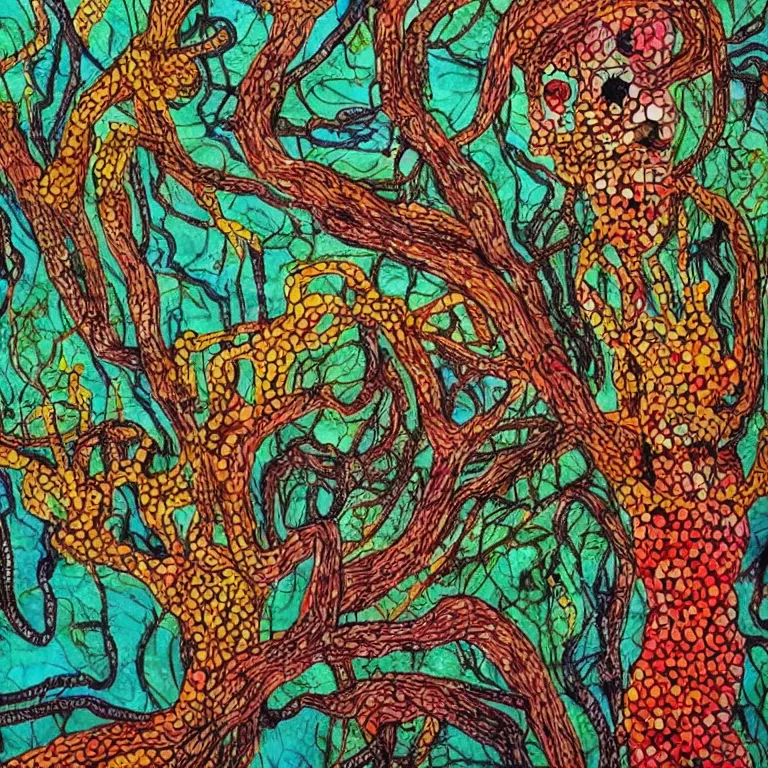 Image similar to human with the sea and the forest inside, veins diverge through the body like rivers filmed on a satellite, a person is decorated with wild berries, a beautiful bird is looking at him next, art brut, colorful picture