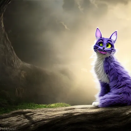 Image similar to full body pose, hyperrealistic photograph of the cheshire cat as a kitten, dim volumetric lighting, 8 k, octane beautifully detailed render, extremely hyper detailed, intricate, epic composition, cinematic lighting, masterpiece, trending on artstation, very very detailed, stunning, hdr, smooth, sharp focus, high resolution, award, winning photo, dslr, 5 0 mm