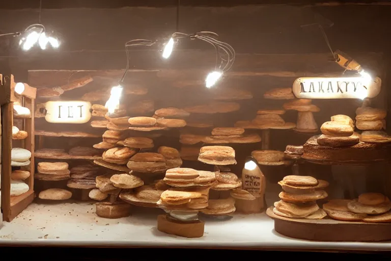 Prompt: Miniature rustic bakery, volumetric lighting