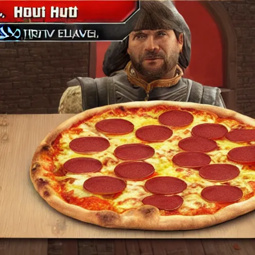 Image similar to pizza hut promotional crossover pizza shield retrieval side quest skyrim video game screenshot the elder scrolls