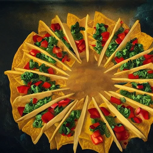 Prompt: a plate of nachos reflecting the surroundings in a cave, renaissance painting, hyperrealistic