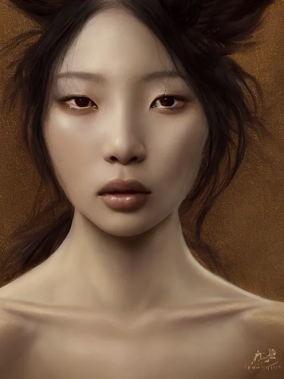 Prompt: beautiful portrait of a Chinese-French mixed race female wearing fantasy minority costume, ivory skin, dark brown long hair, dark brown eyes, ,intricate, elegant, highly detailed, dim volumetric lighting, abstract, 8k,octane,post-processing,digital painting, trending on artstation, concept art, smooth, sharp focus, illustration,by Tom Bagshaw and Daniel Gerhartz and Albert Aublet and Lawrence Alma-Tadema