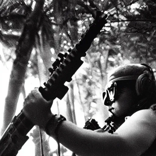 Prompt: film still, extreme far view, ariana grande, jungle, vietnam door gunner, apocalypse now, associated press, 2 6 mm, kodak ektachrome, blue tint, expired film,