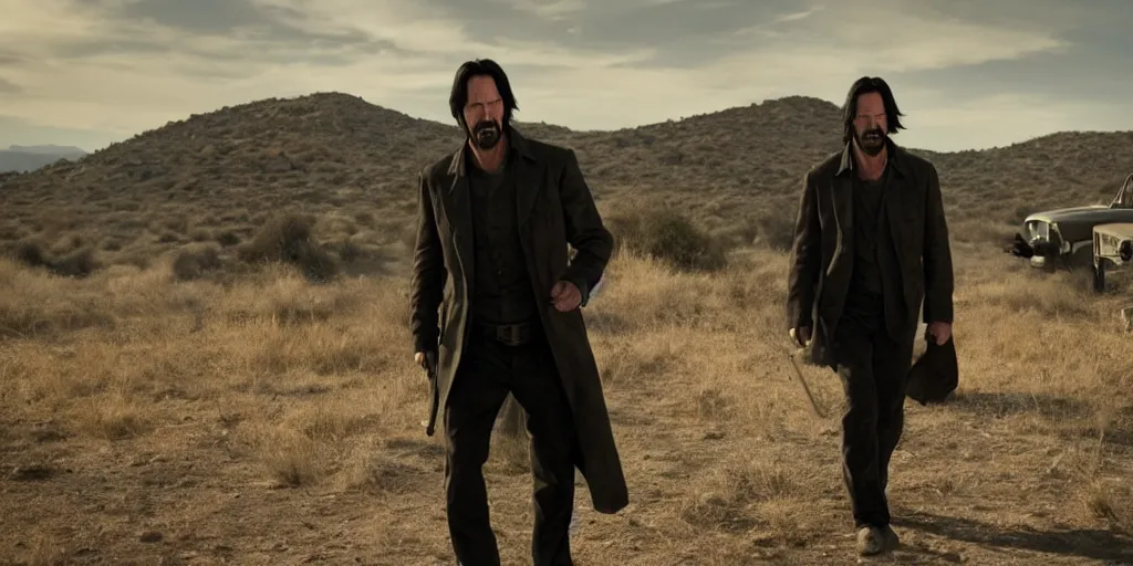 Prompt: old keanu reeves in Logan, cinematic, blood, ultrawide angle